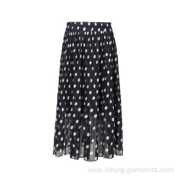Women Pleated Black Dot Elastic Waist Skirt